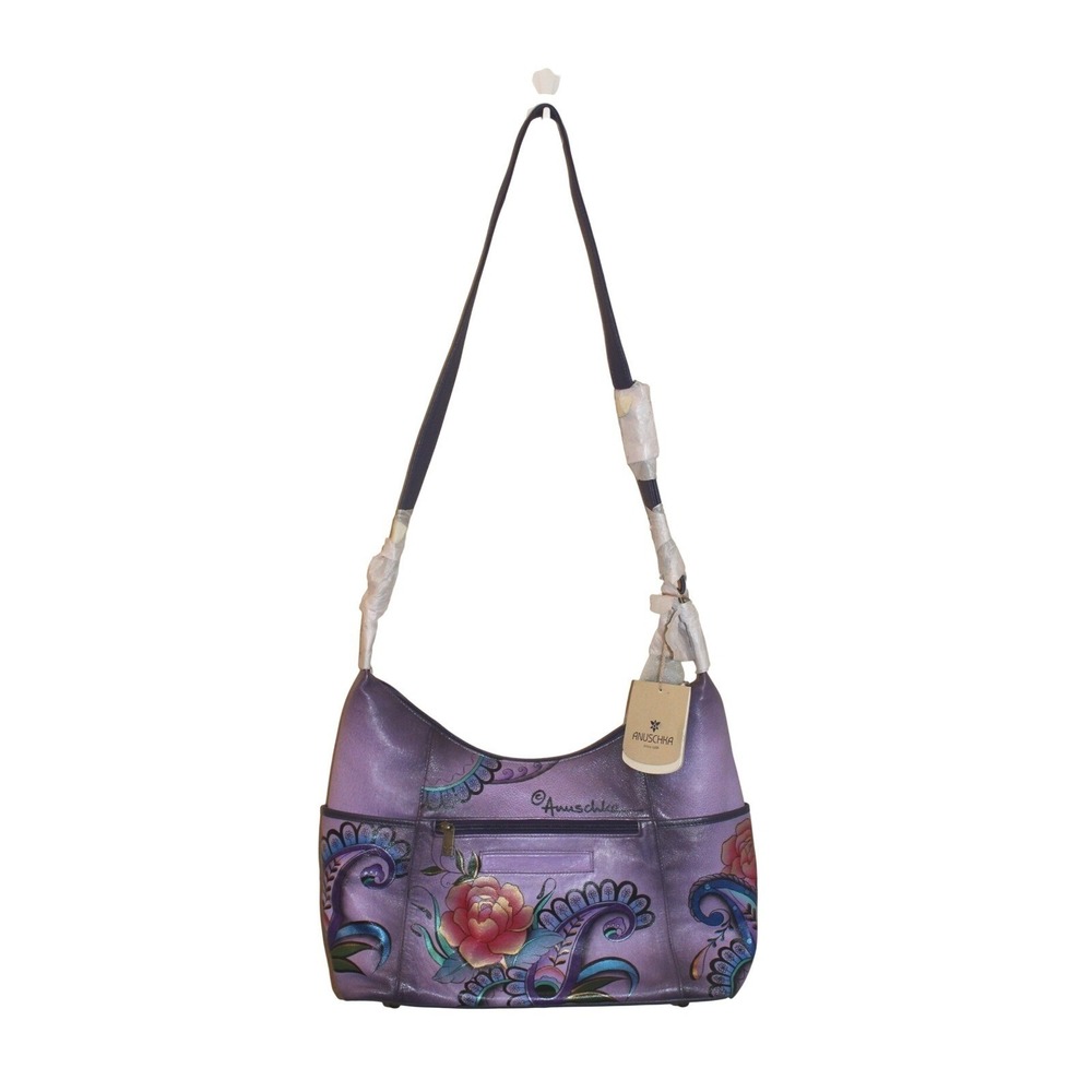 Anuschka hand painted leather hobo shoulder bag purple peonies & paisley New NWT